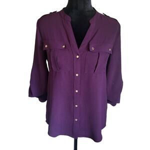 Calvin Klein eggplant purple long roll tab sleeve v neck top w/ buttons, size xs